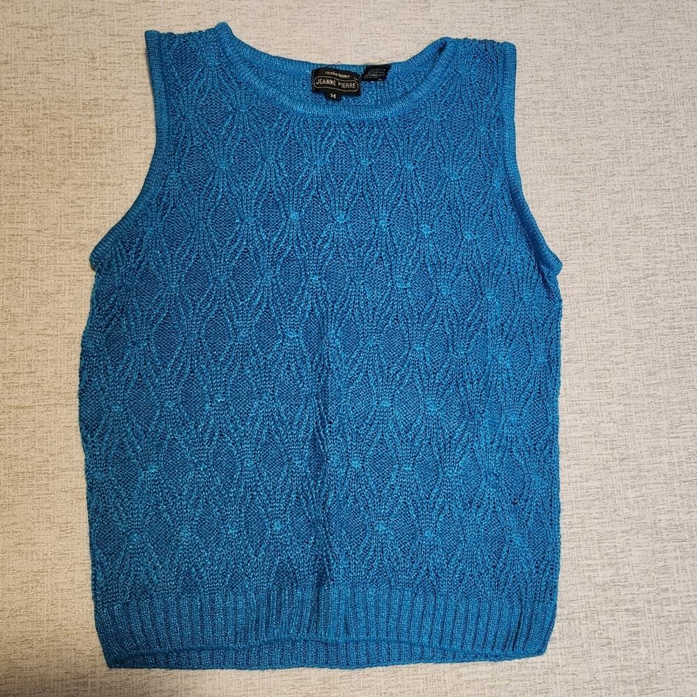 Jeanne Pierre Sweater Vest Womens M Blue Renee Tener Linen Blend Pointelle Knit